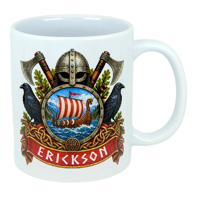 White mug featuring a Norse crest with axes, a Viking helmet, two black birds, a ship on water, and “ERICKSON” in bold red letters below the design.