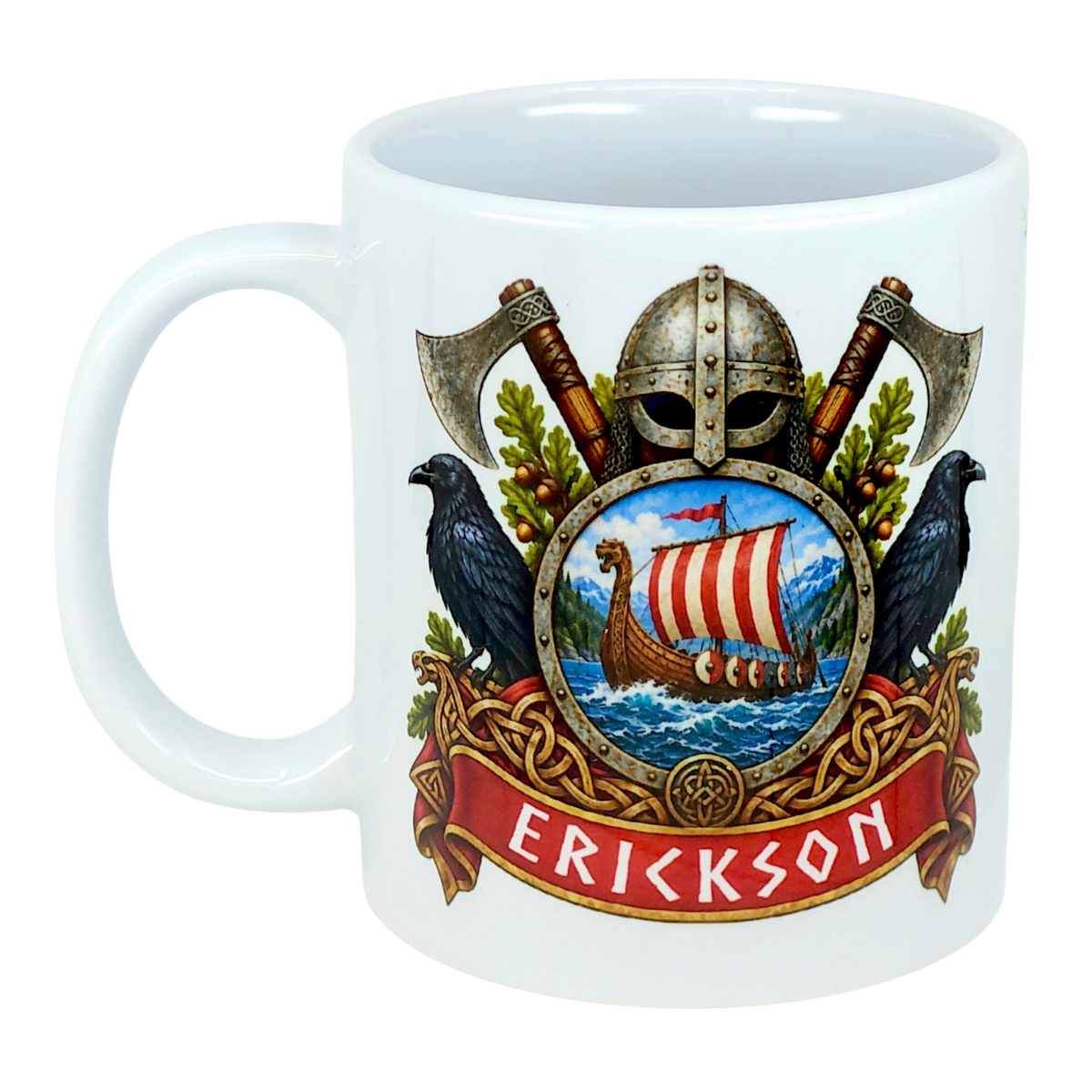 White mug with a Norse crest design showing a Viking helmet, crossed axes, ravens, a ship, and the name ERICKSON in bold red text.