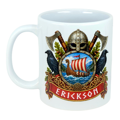 White mug with a Norse crest design showing a Viking helmet, crossed axes, ravens, a ship, and the name ERICKSON in bold red text.