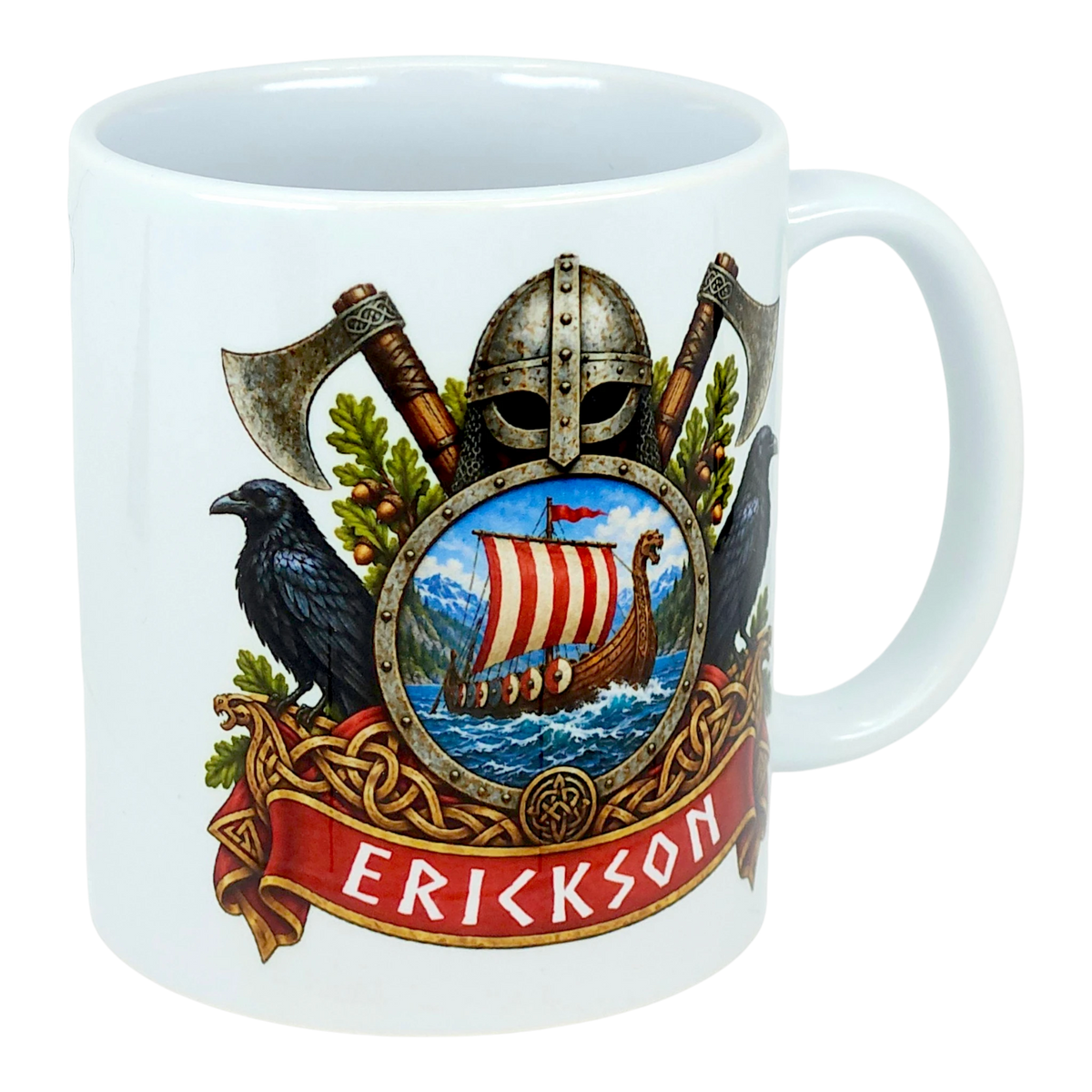Ceramic mug featuring a Norse crest with a Viking helmet, crossed axes, two ravens, a sailing ship on water, and a red banner displaying the name Erickson.