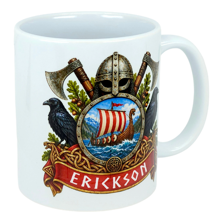 Ceramic mug featuring a Norse crest with a Viking helmet, crossed axes, two ravens, a sailing ship on water, and a red banner displaying the name Erickson.