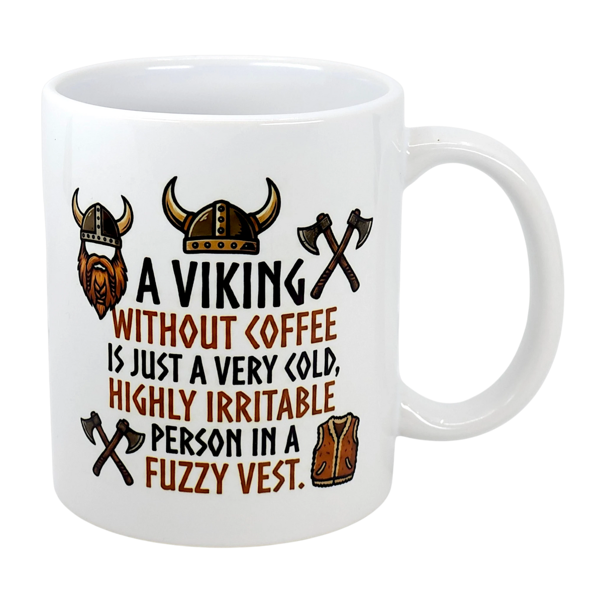 The Swedish Gift Store’s 11 oz “A Viking Without Coffee Irritable Person” ceramic mug features Viking helmet, axe, and vest illustrations—plus the witty saying: A Viking without coffee is just a very cold, highly irritable person in a fuzzy vest.