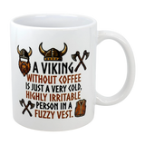 The Swedish Gift Store’s 11 oz “A Viking Without Coffee Irritable Person” ceramic mug features Viking helmet, axe, and vest illustrations—plus the witty saying: A Viking without coffee is just a very cold, highly irritable person in a fuzzy vest.