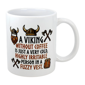 The Swedish Gift Store’s 11 oz “A Viking Without Coffee Irritable Person” ceramic mug features Viking helmet, axe, and vest illustrations—plus the witty saying: A Viking without coffee is just a very cold, highly irritable person in a fuzzy vest.