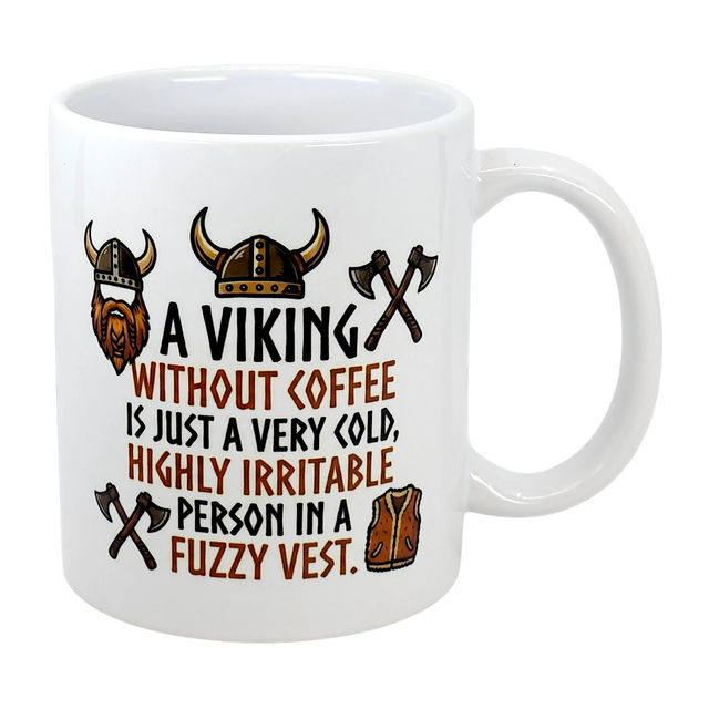 The Swedish Gift Store’s 11 oz “A Viking Without Coffee Irritable Person” ceramic mug features Viking helmet, axe, and vest illustrations—plus the witty saying: A Viking without coffee is just a very cold, highly irritable person in a fuzzy vest.