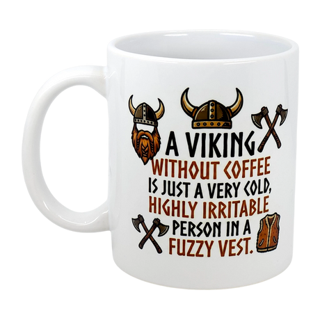 The Swedish Gift Store’s 11 oz “A Viking Without Coffee Irritable Person” ceramic mug showcases helmets, axes, and a vest with witty text—perfect for fans of Nordic humor!.