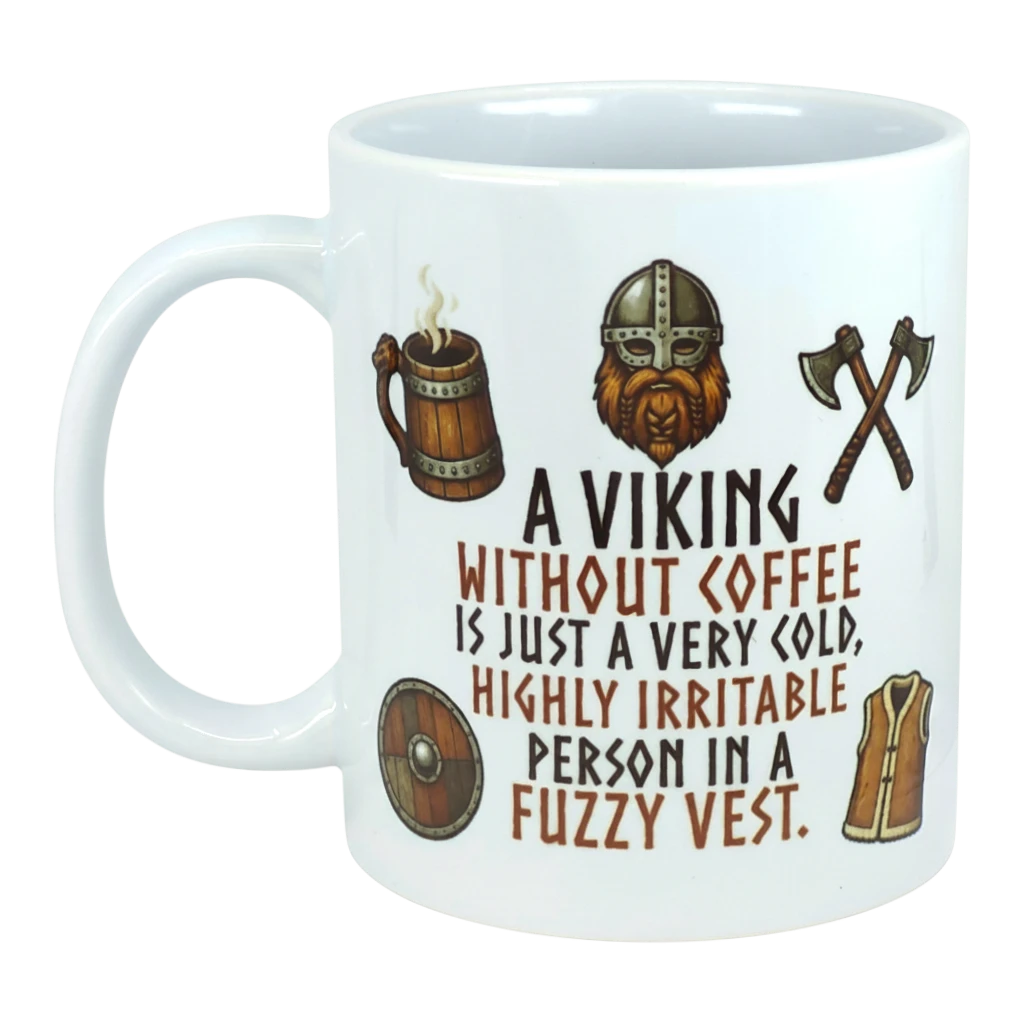 White ceramic mug featuring illustrations of a Viking helmet, axes, mug, shield, and vest, with the printed text: “A Viking without coffee is just a very cold...fuzzy vest.”.