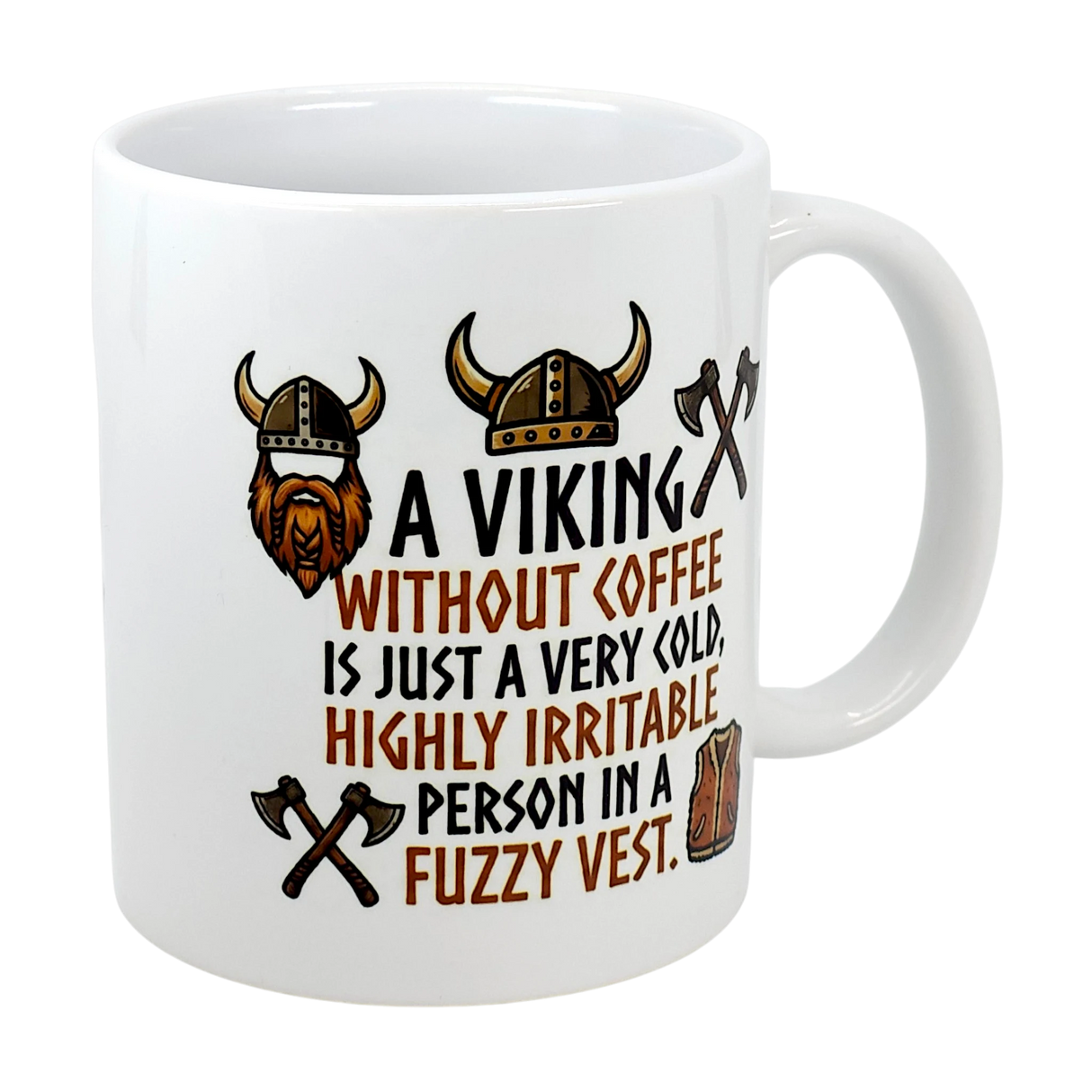 The Swedish Gift Store's 11 oz ceramic mug features Viking helmets, axes, and a vest. The mug reads: "A Viking without coffee is just a very cold, highly irritable person in a fuzzy vest.