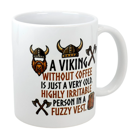 The Swedish Gift Store's 11 oz ceramic mug features Viking helmets, axes, and a vest. The mug reads: "A Viking without coffee is just a very cold, highly irritable person in a fuzzy vest.