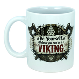 Introducing the Mug: Be Yourself Unless You Can Be A Viking Ceramic Mug (11 oz Capacity) from Nordic Wholesale. This ceramic coffee mug features a bold Viking-themed design with crossed axes and runes. The text reads: "Be Yourself. Unless you can be a Viking," with "Viking" highlighted in large, bold letters. Perfect for Norse mythology enthusiasts or anyone looking for a striking Nordic warrior gift, this mug celebrates your love of all things Viking in style.