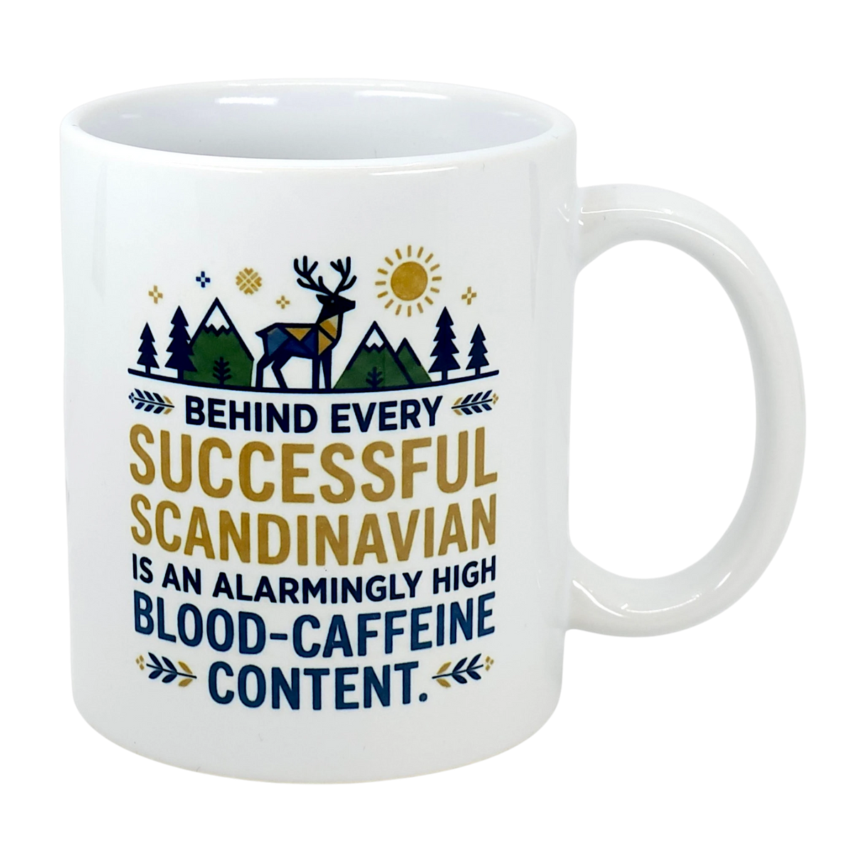 The Swedish Gift Store's 11 oz ceramic mug, "Behind Every Successful Scandinavian," features mountains, trees, a reindeer, and sun with humorous text—perfect for coffee lovers.