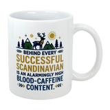 The Swedish Gift Store's 11 oz ceramic mug, "Behind Every Successful Scandinavian," features mountains, trees, a reindeer, and sun with humorous text—perfect for coffee lovers.