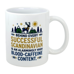 The Swedish Gift Store's 11 oz ceramic mug, "Behind Every Successful Scandinavian," features mountains, trees, a reindeer, and sun with humorous text—perfect for coffee lovers.
