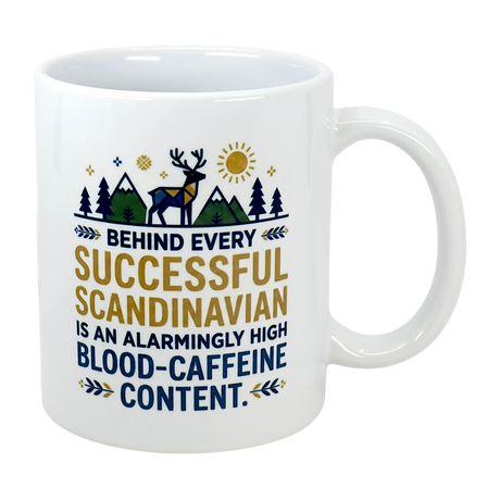 The Swedish Gift Store's 11 oz ceramic mug, "Behind Every Successful Scandinavian," features mountains, trees, a reindeer, and sun with humorous text—perfect for coffee lovers.
