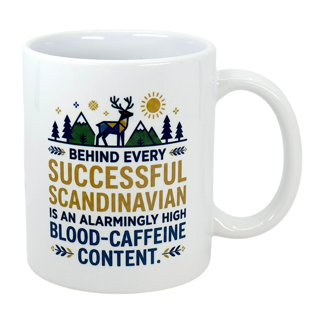 The Swedish Gift Store's 11 oz ceramic mug, "Behind Every Successful Scandinavian," features mountains, trees, a reindeer, and sun with humorous text—perfect for coffee lovers.