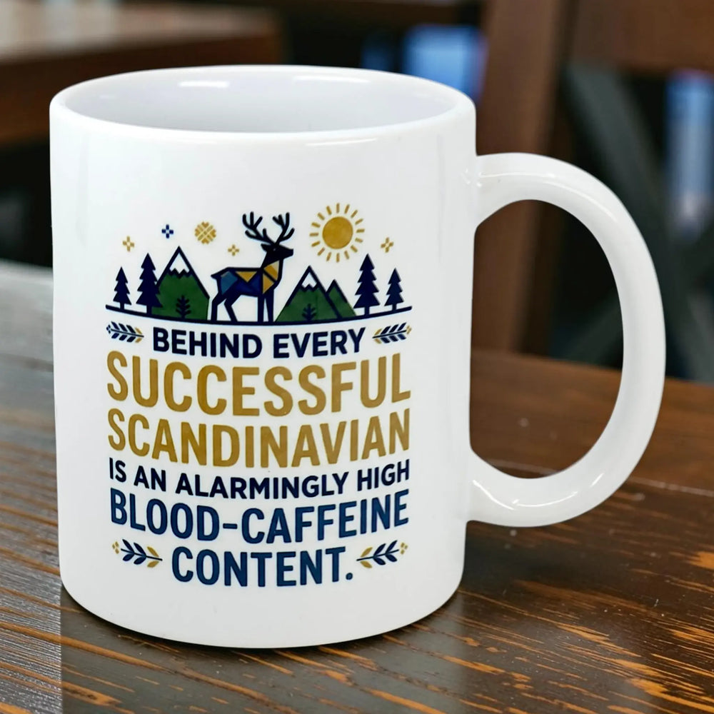 White ceramic mug featuring Nordic icons and trees, with the printed text: Behind every successful Scandinavian is an alarmingly high blood-caffeine content.