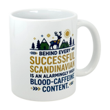 The Swedish Gift Store’s 11 oz ceramic mug reads “Behind Every Successful Scandinavian is an alarmingly high blood-caffeine content” and features mountain, tree, and reindeer art—a perfect gift for coffee-loving Scandinavians.