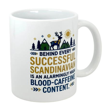 The Swedish Gift Store’s 11 oz ceramic mug reads “Behind Every Successful Scandinavian is an alarmingly high blood-caffeine content” and features mountain, tree, and reindeer art—a perfect gift for coffee-loving Scandinavians.