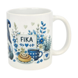 The Nordic Wholesale Mug: Blue Tomte Gnome Fika Ceramic Mug (11 oz) features blue and gray Scandinavian Tomte gnome designs with flowers, a cinnamon roll, coffee cup, and a “FIKA” sign surrounded by hearts and leaves.