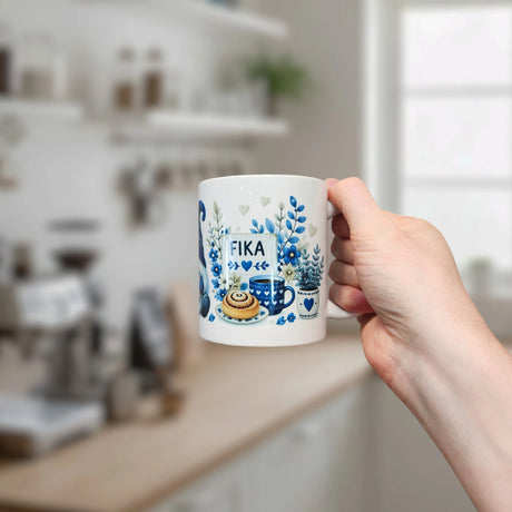 A hand holds the Nordic Wholesale Blue Tomte Gnome Fika Ceramic Mug (11 oz), featuring blue floral designs, a cinnamon roll, and "FIKA" printed on it. A blurred kitchen with shelves and jars is in the sunlit background.
