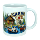 Enjoy your favorite beverage with the Mug: Cabin Life Gnomes Ceramic Coffee Mug (11 oz) by Nordic Wholesale. This charming white mug features playful cartoon gnomes lounging by a serene lake, next to a cozy log cabin and a whimsical sign that reads: CABIN LIFE. No wifi, no worries, just beer & bad decisions—making it the perfect gift for anyone who loves lighthearted, cabin-themed adventures.