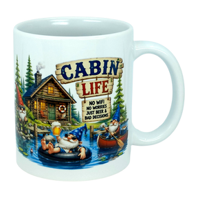 Enjoy your favorite beverage with the Mug: Cabin Life Gnomes Ceramic Coffee Mug (11 oz) by Nordic Wholesale. This charming white mug features playful cartoon gnomes lounging by a serene lake, next to a cozy log cabin and a whimsical sign that reads: CABIN LIFE. No wifi, no worries, just beer & bad decisions—making it the perfect gift for anyone who loves lighthearted, cabin-themed adventures.
