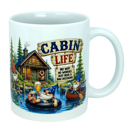 Enjoy your favorite beverage with the Mug: Cabin Life Gnomes Ceramic Coffee Mug (11 oz) by Nordic Wholesale. This charming white mug features playful cartoon gnomes lounging by a serene lake, next to a cozy log cabin and a whimsical sign that reads: CABIN LIFE. No wifi, no worries, just beer & bad decisions—making it the perfect gift for anyone who loves lighthearted, cabin-themed adventures.