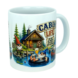 Enjoy your coffee in style with the Mug: Cabin Life Gnomes Ceramic Coffee Mug (11 oz) from Nordic Wholesale. This charming mug showcases whimsical cartoon gnomes relaxing by a lakeside cabin—one lounging on a dock, another floating in an inner tube. Featuring the phrase "CABIN LIFE: No wifi, no worries, just beer & bad decisions," this quirky ceramic mug is perfect for anyone who loves cozy retreats and playful designs.