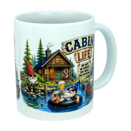 Enjoy your coffee in style with the Mug: Cabin Life Gnomes Ceramic Coffee Mug (11 oz) from Nordic Wholesale. This charming mug showcases whimsical cartoon gnomes relaxing by a lakeside cabin—one lounging on a dock, another floating in an inner tube. Featuring the phrase "CABIN LIFE: No wifi, no worries, just beer & bad decisions," this quirky ceramic mug is perfect for anyone who loves cozy retreats and playful designs.