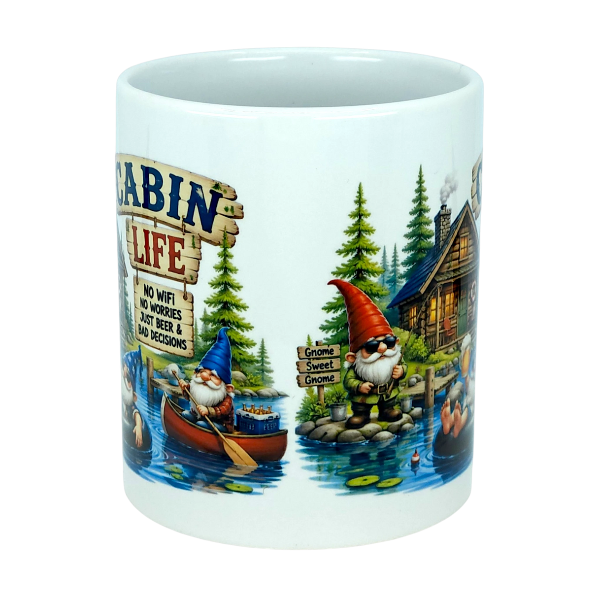 Start your day with the Mug: Cabin Life Gnomes Ceramic Coffee Mug (11 oz) by Nordic Wholesale—a charming cabin-themed mug featuring cartoon gnomes by a scenic lake, pine trees, and a rustic log cabin. One cheerful gnome holds a sign that reads, "No WiFi, no worries, just beer & bad decisions." With whimsical details like lily pads and a canoe on the water, this delightful ceramic mug is perfect for cozy mornings at your cabin retreat.