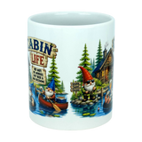 Start your day with the Mug: Cabin Life Gnomes Ceramic Coffee Mug (11 oz) by Nordic Wholesale—a charming cabin-themed mug featuring cartoon gnomes by a scenic lake, pine trees, and a rustic log cabin. One cheerful gnome holds a sign that reads, "No WiFi, no worries, just beer & bad decisions." With whimsical details like lily pads and a canoe on the water, this delightful ceramic mug is perfect for cozy mornings at your cabin retreat.