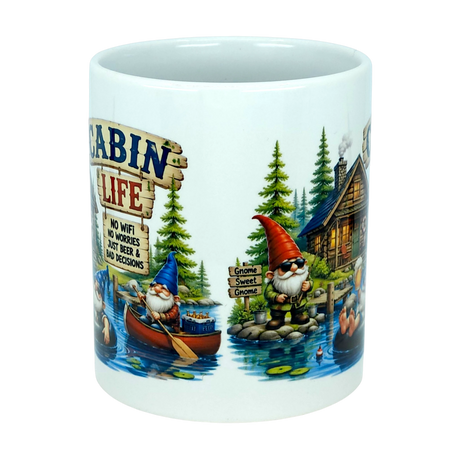 Start your day with the Mug: Cabin Life Gnomes Ceramic Coffee Mug (11 oz) by Nordic Wholesale—a charming cabin-themed mug featuring cartoon gnomes by a scenic lake, pine trees, and a rustic log cabin. One cheerful gnome holds a sign that reads, "No WiFi, no worries, just beer & bad decisions." With whimsical details like lily pads and a canoe on the water, this delightful ceramic mug is perfect for cozy mornings at your cabin retreat.