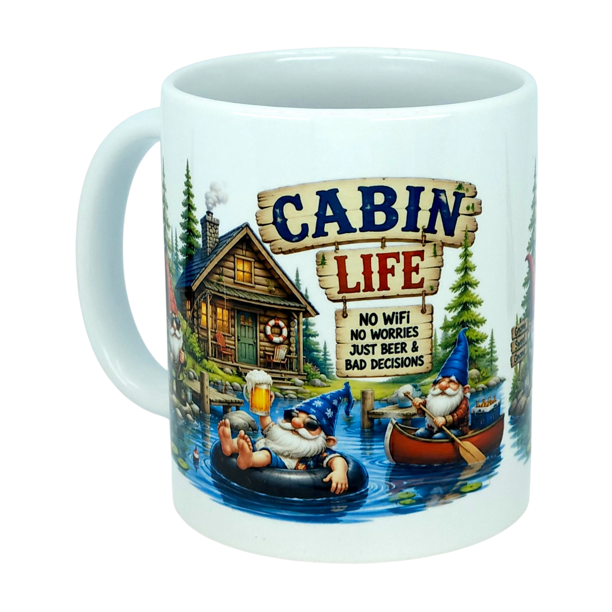Enjoy your favorite beverage in the Mug: Cabin Life Gnomes Ceramic Coffee Mug (11 oz) by Nordic Wholesale. This cabin-themed ceramic mug features whimsical gnome illustrations relaxing by a serene lake and cozy cabin, surrounded by trees, a canoe, and a river float. The text playfully reads: CABIN LIFE—No WiFi, no worries, just beer & bad decisions—making this coffee mug the perfect addition to any rustic retreat.