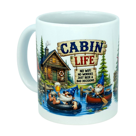 Enjoy your favorite beverage in the Mug: Cabin Life Gnomes Ceramic Coffee Mug (11 oz) by Nordic Wholesale. This cabin-themed ceramic mug features whimsical gnome illustrations relaxing by a serene lake and cozy cabin, surrounded by trees, a canoe, and a river float. The text playfully reads: CABIN LIFE—No WiFi, no worries, just beer & bad decisions—making this coffee mug the perfect addition to any rustic retreat.