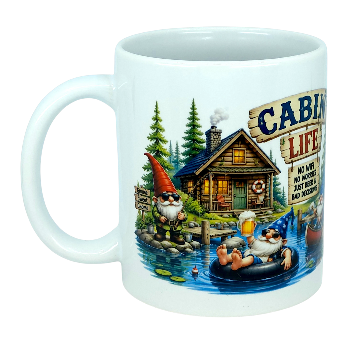 Introducing the Mug: Cabin Life Gnomes Ceramic Coffee Mug (11 oz) by Nordic Wholesale. This delightful mug showcases cheerful cartoon gnomes lounging by a cozy log cabin, with one reveling in a beer out on the lake. The playful text reads, “Cabin Life. No wife, no worries, just beer & bad decisions.” Complete with charming trees and water lilies in the background, this Nordic Wholesale ceramic coffee mug is ideal for those who appreciate lakeside escapes and lighthearted fun.