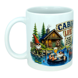 Introducing the Mug: Cabin Life Gnomes Ceramic Coffee Mug (11 oz) by Nordic Wholesale. This delightful mug showcases cheerful cartoon gnomes lounging by a cozy log cabin, with one reveling in a beer out on the lake. The playful text reads, “Cabin Life. No wife, no worries, just beer & bad decisions.” Complete with charming trees and water lilies in the background, this Nordic Wholesale ceramic coffee mug is ideal for those who appreciate lakeside escapes and lighthearted fun.