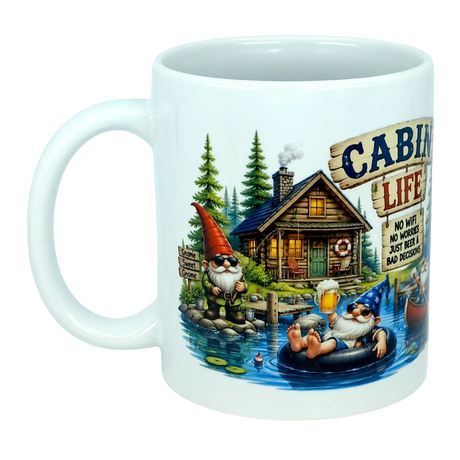 Introducing the Mug: Cabin Life Gnomes Ceramic Coffee Mug (11 oz) by Nordic Wholesale. This delightful mug showcases cheerful cartoon gnomes lounging by a cozy log cabin, with one reveling in a beer out on the lake. The playful text reads, “Cabin Life. No wife, no worries, just beer & bad decisions.” Complete with charming trees and water lilies in the background, this Nordic Wholesale ceramic coffee mug is ideal for those who appreciate lakeside escapes and lighthearted fun.