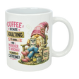 The Nordic Wholesale “Choose Caffeine Tomte” 11 oz ceramic mug features a Nordic gnome in a pink hat and boots, coffee in hand. The mug displays the text: “Coffee because adulting is hard… and murder is wrong! Choose caffeine!”.