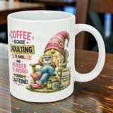 The Nordic Wholesale "Choose Caffeine Tomte" Ceramic Mug (11 oz) features a Nordic gnome in a pink hat with coffee and the text: Coffee because adulting is hard... and murder is wrong! A funny mug for caffeine lovers.