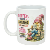 The Nordic Wholesale Mug: Choose Caffeine Tomte Ceramic Mug (11 oz) features a cartoon gnome in a pink hat and funny text: "Coffee because adulting is hard... and murder is wrong!"—a witty choice for caffeine lovers.