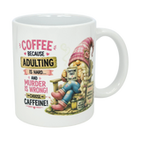 The Nordic Wholesale Mug: Choose Caffeine Tomte Ceramic Mug (11 oz) features a Nordic gnome in a pink hat holding coffee and the phrase: Coffee because adulting is hard... and murder is wrong! Plus, other funny coffee quotes.