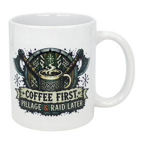 The Nordic Wholesale Mug: Coffee First Pillage and Raid Later Ceramic Mug (11 oz) displays crossed axes, a steaming cup, and bold text—ideal for anyone who loves coffee with Viking humor.