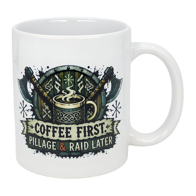 The Nordic Wholesale Mug: Coffee First Pillage and Raid Later Ceramic Mug (11 oz) displays crossed axes, a steaming cup, and bold text—ideal for anyone who loves coffee with Viking humor.