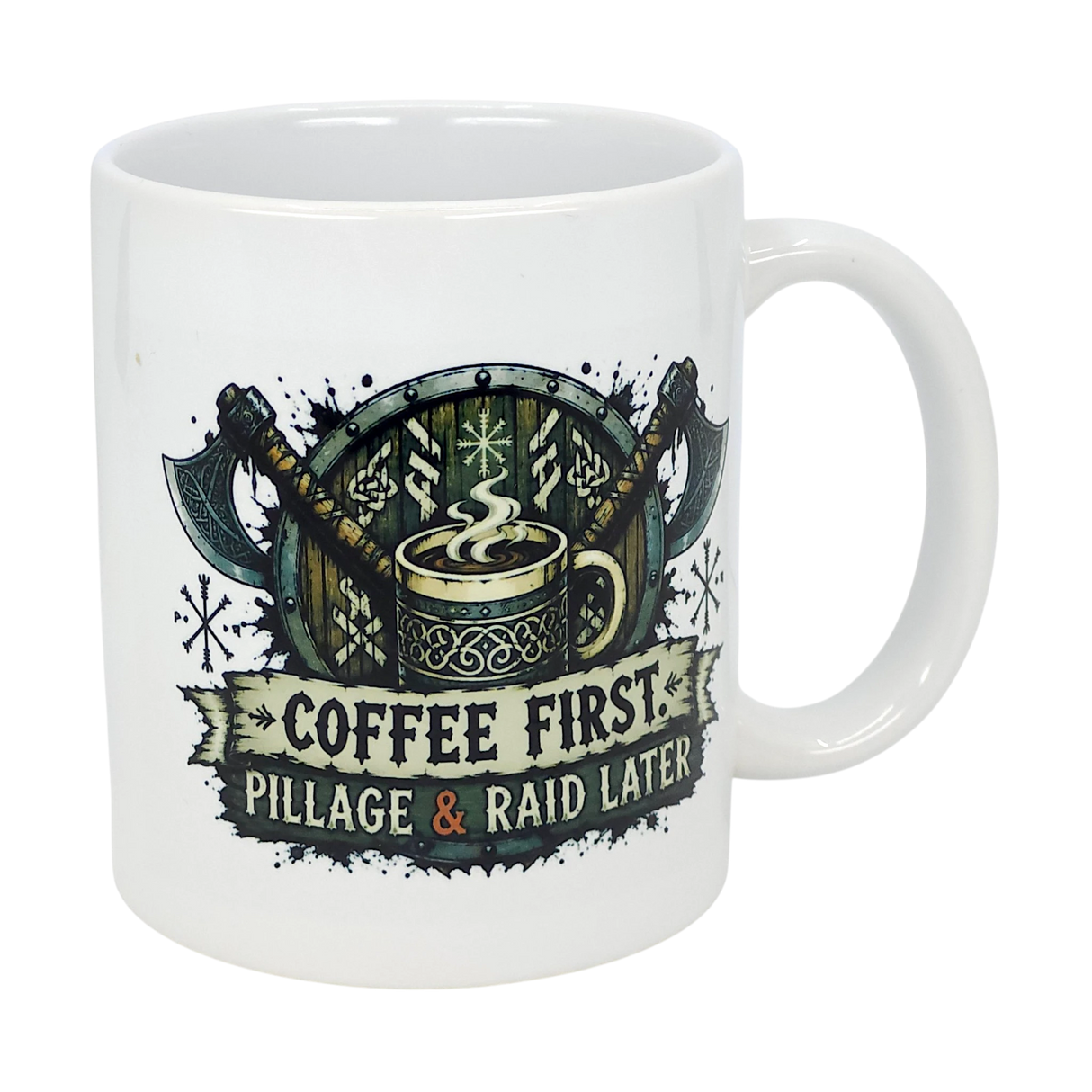 The Mug: Coffee First Pillage and Raid Later Ceramic Mug (11 oz) by Nordic Wholesale features a Viking design with a shield, axes, and steaming cup—perfect for Norse mug collectors who love humor.