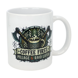 The Mug: Coffee First Pillage and Raid Later Ceramic Mug (11 oz) by Nordic Wholesale features a Viking design with a shield, axes, and steaming cup—perfect for Norse mug collectors who love humor.