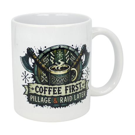 The Mug: Coffee First Pillage and Raid Later Ceramic Mug (11 oz) by Nordic Wholesale features a Viking design with a shield, axes, and steaming cup—perfect for Norse mug collectors who love humor.