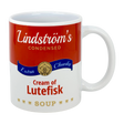 This 11oz white ceramic mug from Swedish Gift Store is styled like a can of Lindstrom's Condensed Extra Chunky Cream of Lutefisk Soup—an ideal Scandinavian heritage gift from Lindstrom, Minnesota.