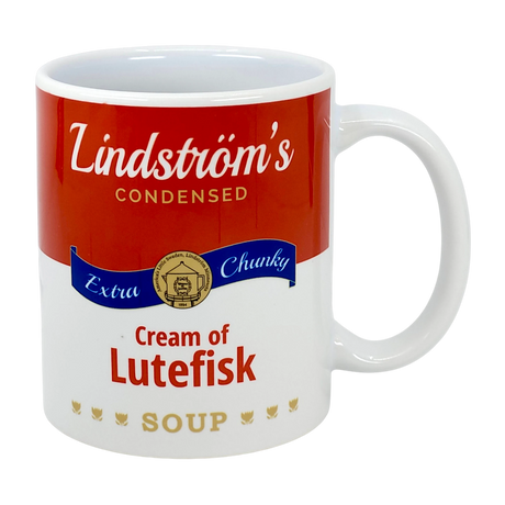 This 11oz white ceramic mug from Swedish Gift Store is styled like a can of Lindstrom's Condensed Extra Chunky Cream of Lutefisk Soup—an ideal Scandinavian heritage gift from Lindstrom, Minnesota.