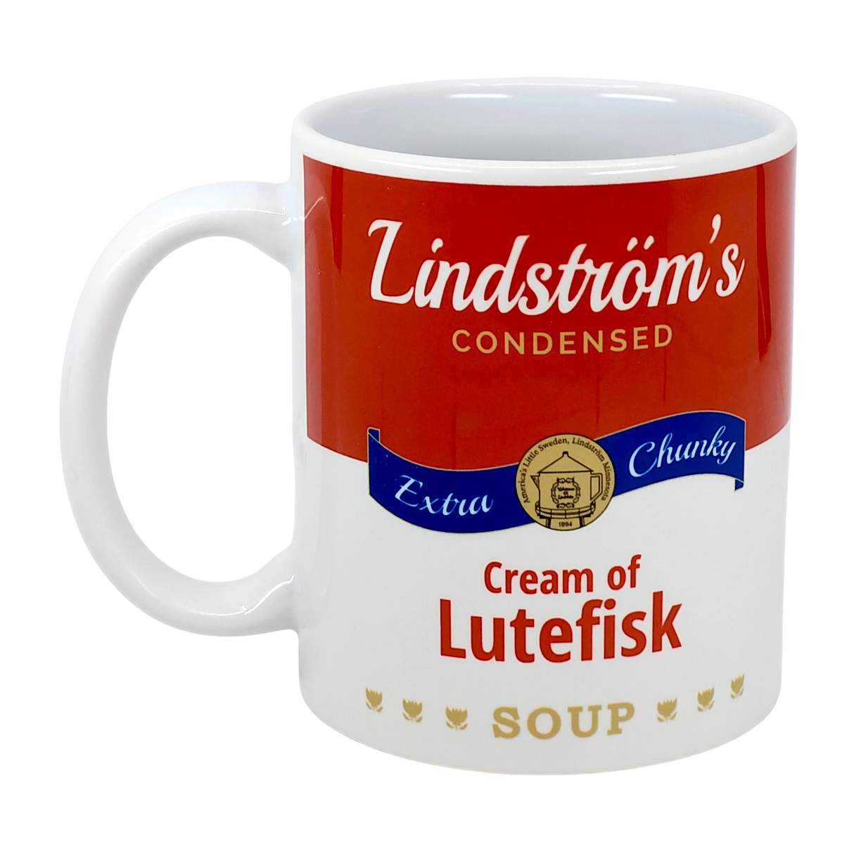 Celebrate Scandinavian heritage with the Swedish Gift Store’s 11oz ceramic mug, designed like a classic soup can and featuring Lindstrom's Condensed Extra Chunky Cream of Lutefisk Soup—a unique gift for anyone who loves Lindstrom, Minnesota.
