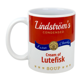 Celebrate Scandinavian heritage with the Swedish Gift Store’s 11oz ceramic mug, designed like a classic soup can and featuring Lindstrom's Condensed Extra Chunky Cream of Lutefisk Soup—a unique gift for anyone who loves Lindstrom, Minnesota.